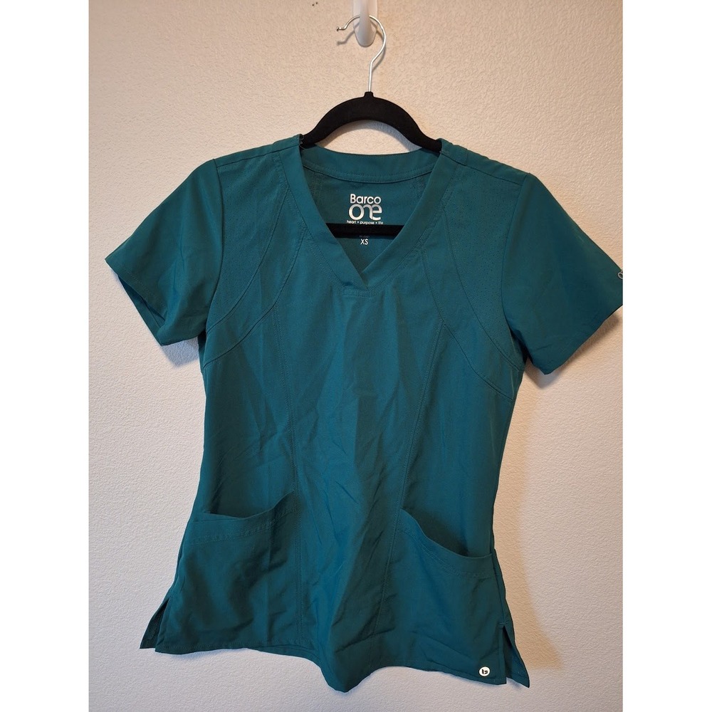 Barco One Womens XS Teal Green 4 Pocket V-Neck Scrub Top Recycled Fabric BOP506